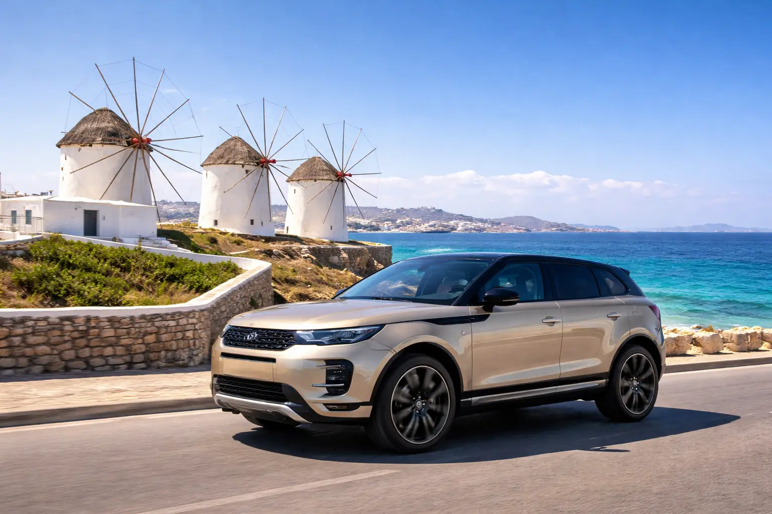 Auto a noleggio su strada costiera a Mykonos